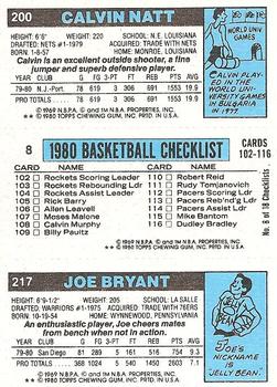 1980-81 Topps #8 / 200 / 217 Joe Bryant / Kareem Abdul-Jabbar / Calvin Natt Back