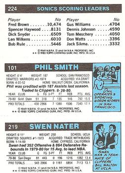 1980-81 Topps #101 / 219 / 224 Swen Nater / Phil Smith / Gus Williams Back