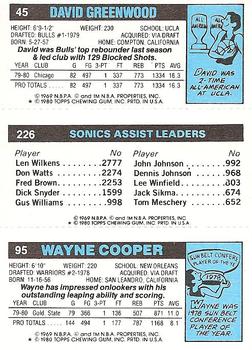 1980-81 Topps #45 / 95 / 226 Wayne Cooper / John Johnson / David Greenwood Back