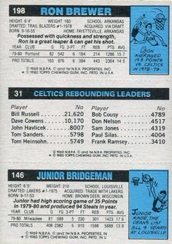 1980-81 Topps #31 / 146 / 198 Junior Bridgeman / Larry Bird / Ron Brewer Back