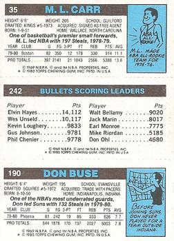 1980-81 Topps #35 / 190 / 242 Don Buse / Elvin Hayes / M.L. Carr Back