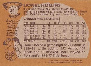 1981-82 Topps #31 Lionel Hollins Back