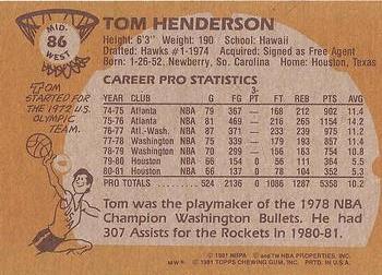 1981-82 Topps #MW86 Tom Henderson Back