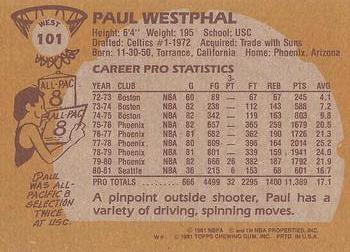 1981-82 Topps #W101 Paul Westphal Back
