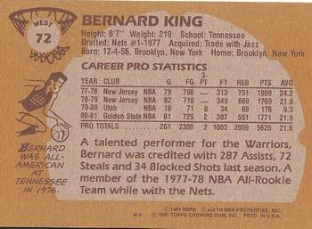 1981-82 Topps #W72 Bernard King Back