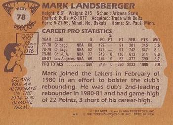 1981-82 Topps #W78 Mark Landsberger Back