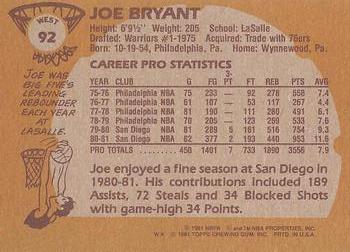 1981-82 Topps #W92 Joe Bryant Back