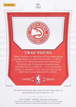2018-19 Panini National Treasures - Rookie Patch Autographs Limited Edition Blue #103 Trae Young Back