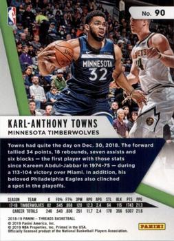 2018-19 Panini Threads #90 Karl-Anthony Towns Back