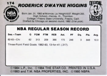 1983-84 Star #174 Rod Higgins Back