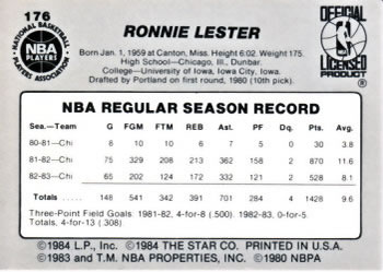 1983-84 Star #176 Ronnie Lester Back