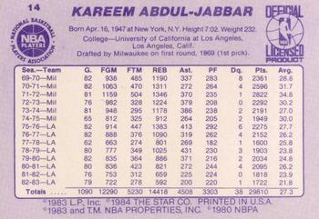 1983-84 Star #14 Kareem Abdul-Jabbar Back
