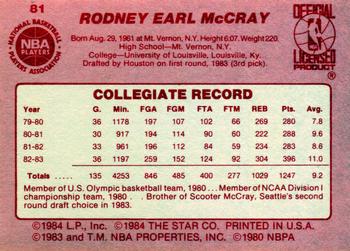 1983-84 Star #81 Rodney McCray Back