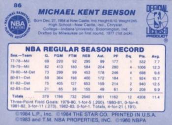 1983-84 Star #86 Kent Benson Back