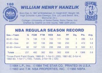 1983-84 Star #188 Bill Hanzlik Back
