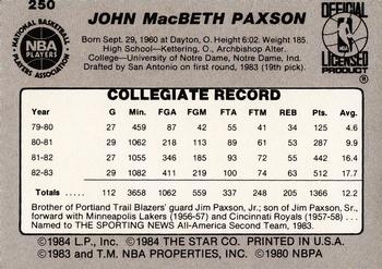 1983-84 Star #250 John Paxson Back