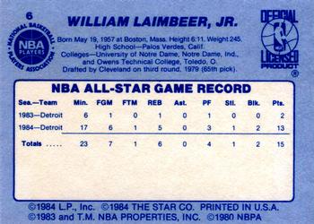 1984 Star All-Star Game #6 Bill Laimbeer Back