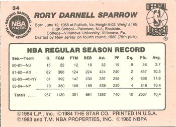 1984-85 Star #34 Rory Sparrow Back