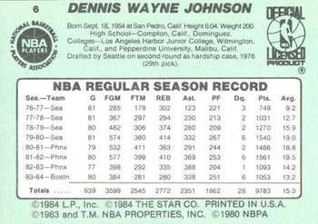 1984-85 Star #6 Dennis Johnson Back