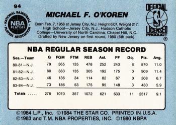1984-85 Star #94 Mike O'Koren Back