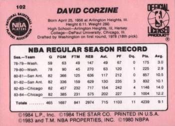 1984-85 Star #102 Dave Corzine Back