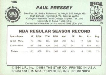 1984-85 Star #136 Paul Pressey Back