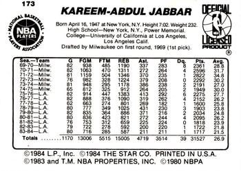 1984-85 Star #173 Kareem Abdul-Jabbar Back