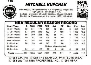 1984-85 Star #176 Mitch Kupchak Back