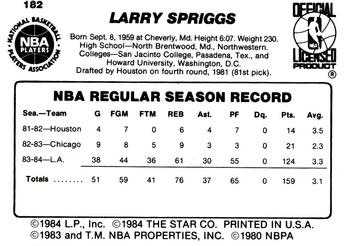 1984-85 Star #182 Larry Spriggs Back