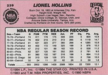1984-85 Star #239 Lionel Hollins Back