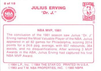 1984-85 Star Julius Erving #8 Julius Erving Back
