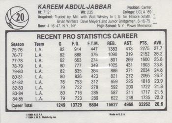 1985-86 JMS #20 Kareem Abdul-Jabbar Back