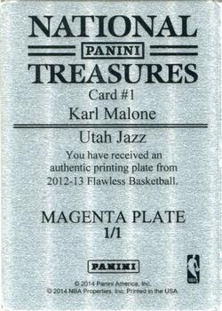 2013-14 Panini National Treasures - 2012-13 Panini Flawless - Greats Patches Autographs Printing Plates Magenta #1 Karl Malone Back