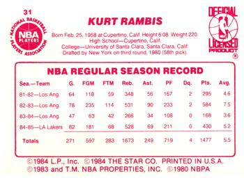 1985-86 Star #31 Kurt Rambis Back
