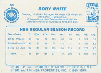 1985-86 Star #93 Rory White Back