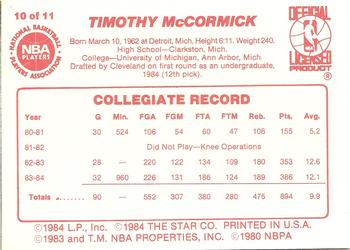 1985-86 Star All-Rookie Team #10 Tim McCormick Back