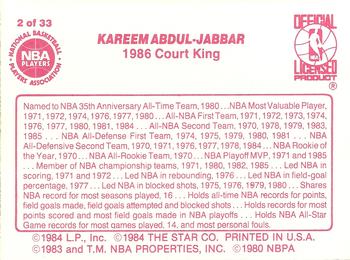 1986 Star Court Kings #2 Kareem Abdul-Jabbar Back