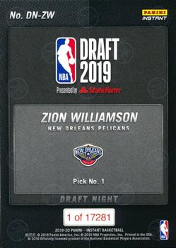 2019-20 Panini Instant NBA Draft Night #DN-ZW Zion Williamson Back