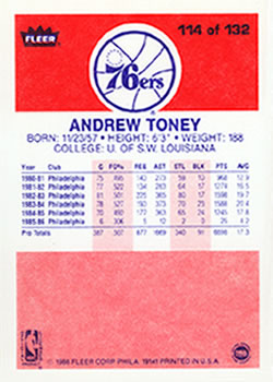 1986-87 Fleer #114 Andrew Toney Back