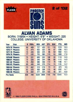 1986-87 Fleer #2 Alvan Adams Back