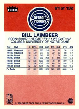 1986-87 Fleer #61 Bill Laimbeer Back