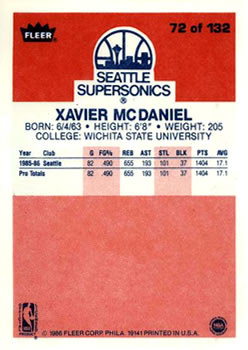 1986-87 Fleer #72 Xavier McDaniel Back