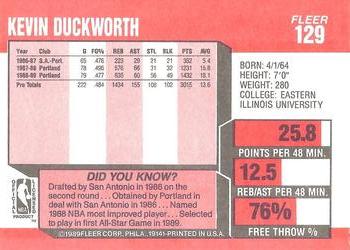 1989-90 Fleer #129 Kevin Duckworth Back