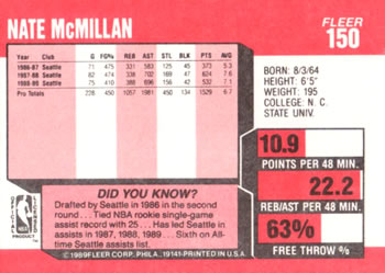 1989-90 Fleer #150 Nate McMillan Back
