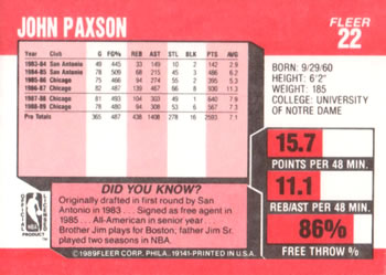 1989-90 Fleer #22 John Paxson Back