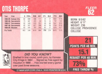 1989-90 Fleer #62 Otis Thorpe Back
