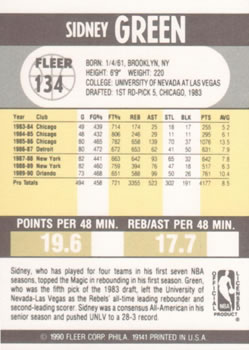 1990-91 Fleer #134 Sidney Green Back