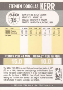 1990-91 Fleer #34 Steve Kerr Back