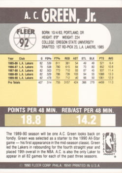 1990-91 Fleer #92 A.C. Green Back
