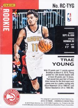2018-19 Panini Chronicles - Rookie Chronicles Signatures Red #RC-TYG Trae Young Back